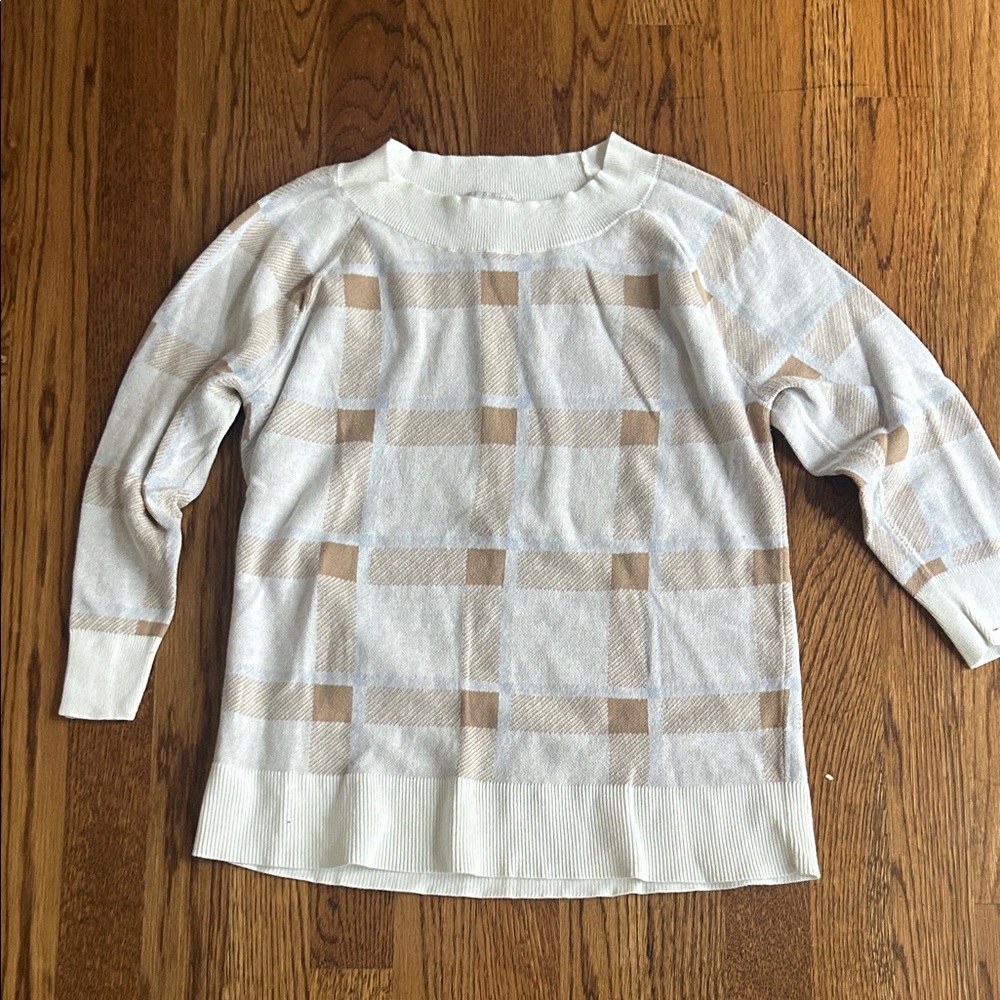 LOFT Cream and Tan Checkered Sweater